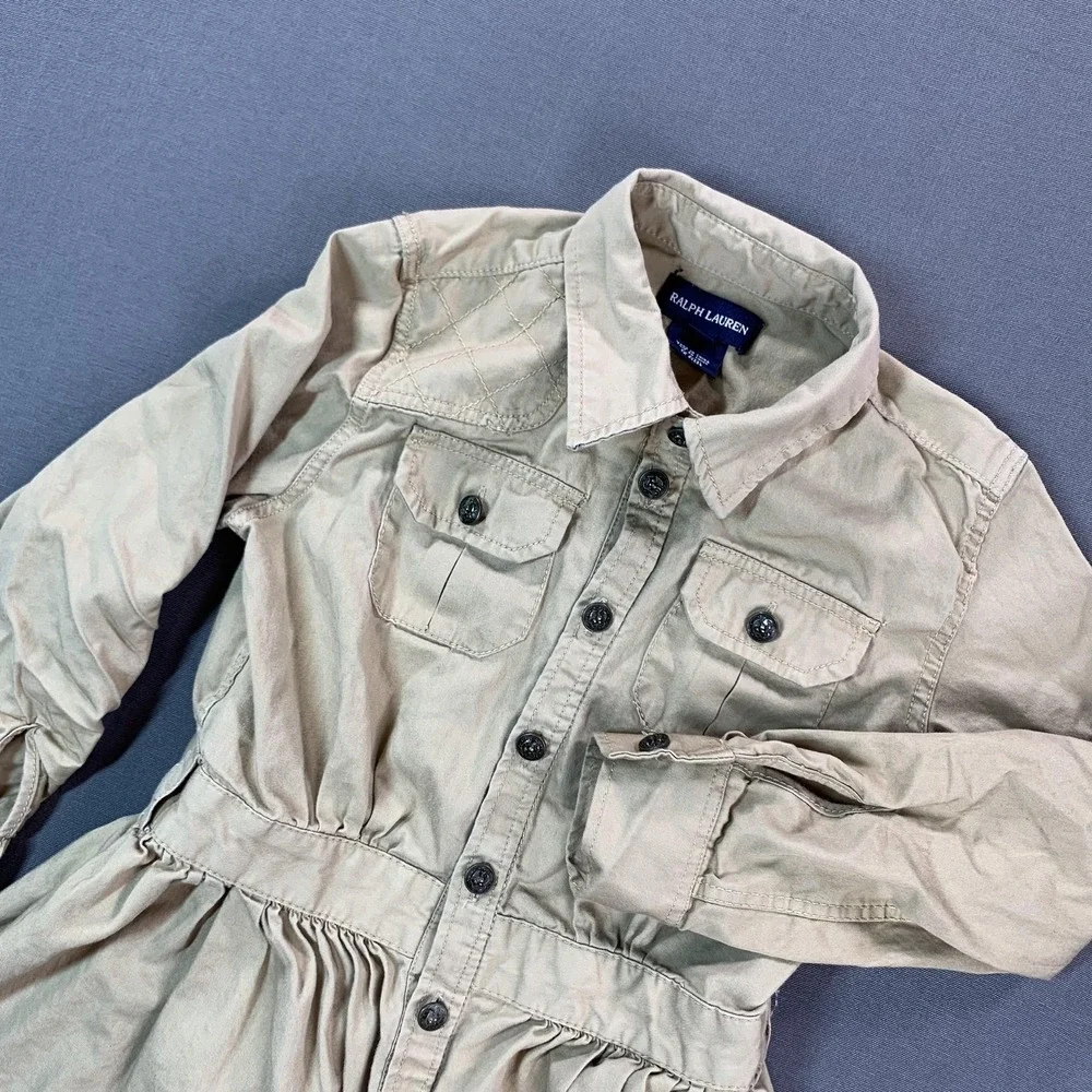 Ralph Lauren Shirt Dress Girls 6 Beige Twill Long Sleeve Button Front Casual